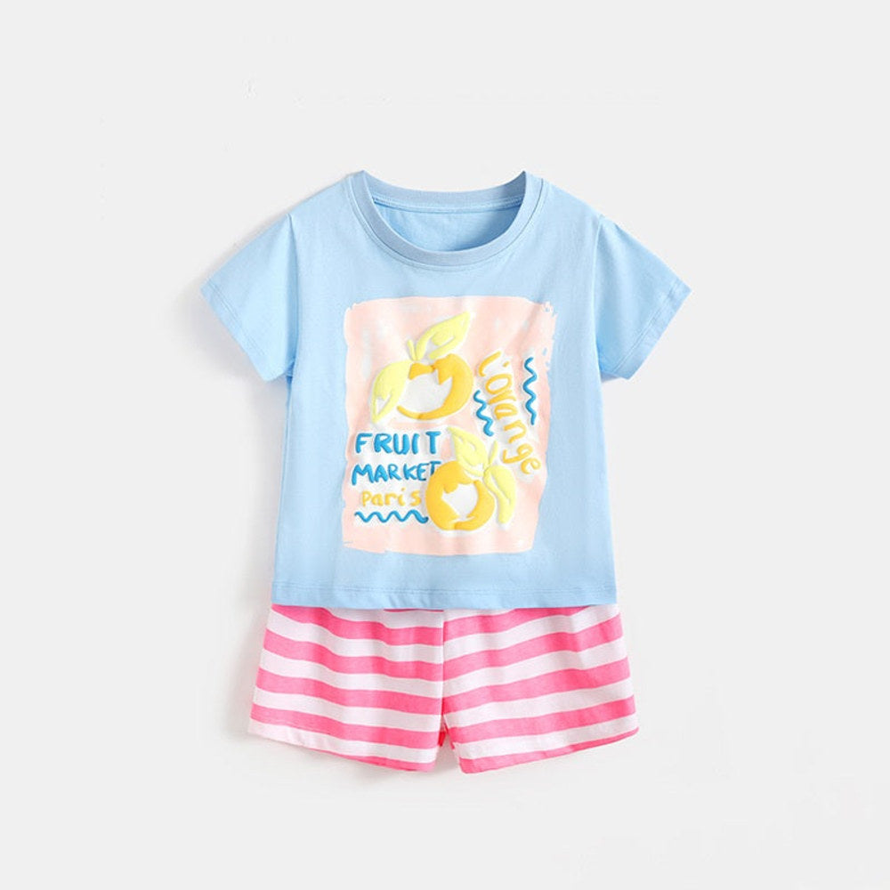 MyKids-USA® Arrival Summer Baby Kids Girls Short Sleeves Fruits and Letters Pattern T-shirt and Striped Shorts Clothing Set