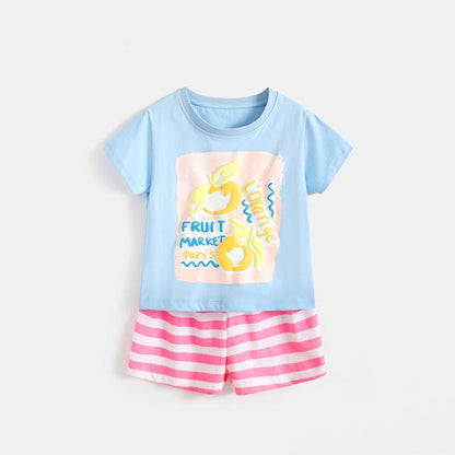 MyKids-USA® Arrival Summer Baby Kids Girls Short Sleeves Fruits and Letters Pattern T-shirt and Striped Shorts Clothing Set