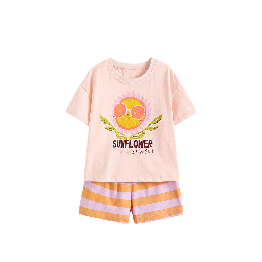 MyKids-USA® Arrival Summer Baby Kids Girls Short Sleeves Flowers Cartoon Pattern T-shirt and Striped Shorts Clothing Set