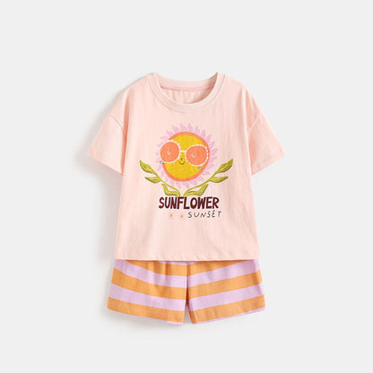 MyKids-USA® Arrival Summer Baby Kids Girls Short Sleeves Flowers Cartoon Pattern T-shirt and Striped Shorts Clothing Set