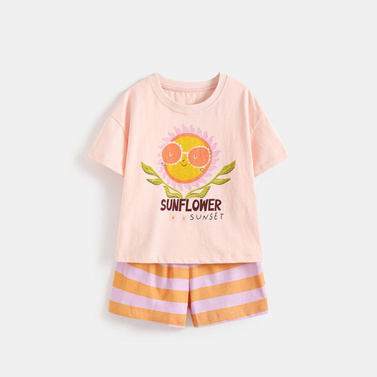 MyKids-USA® Arrival Summer Baby Kids Girls Short Sleeves Flowers Cartoon Pattern T-shirt and Striped Shorts Clothing Set