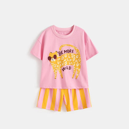 MyKids-USA® Arrival Summer Baby Kids Girls Short Sleeves Animals Cartoon Pattern T-shirt and Striped Shorts Clothing Set
