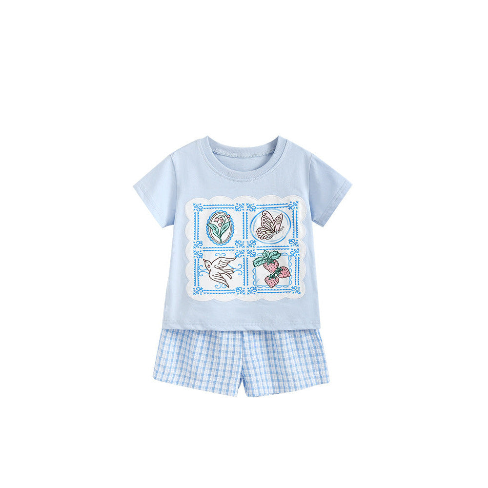 MyKids-USA® Arrival Summer Baby Kids Girls Short Sleeves Flowers Cartoon Pattern T-shirt and Plaid Shorts Clothing Set