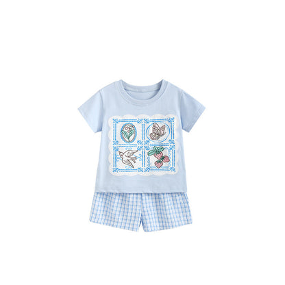 MyKids-USA® Arrival Summer Baby Kids Girls Short Sleeves Flowers Cartoon Pattern T-shirt and Plaid Shorts Clothing Set