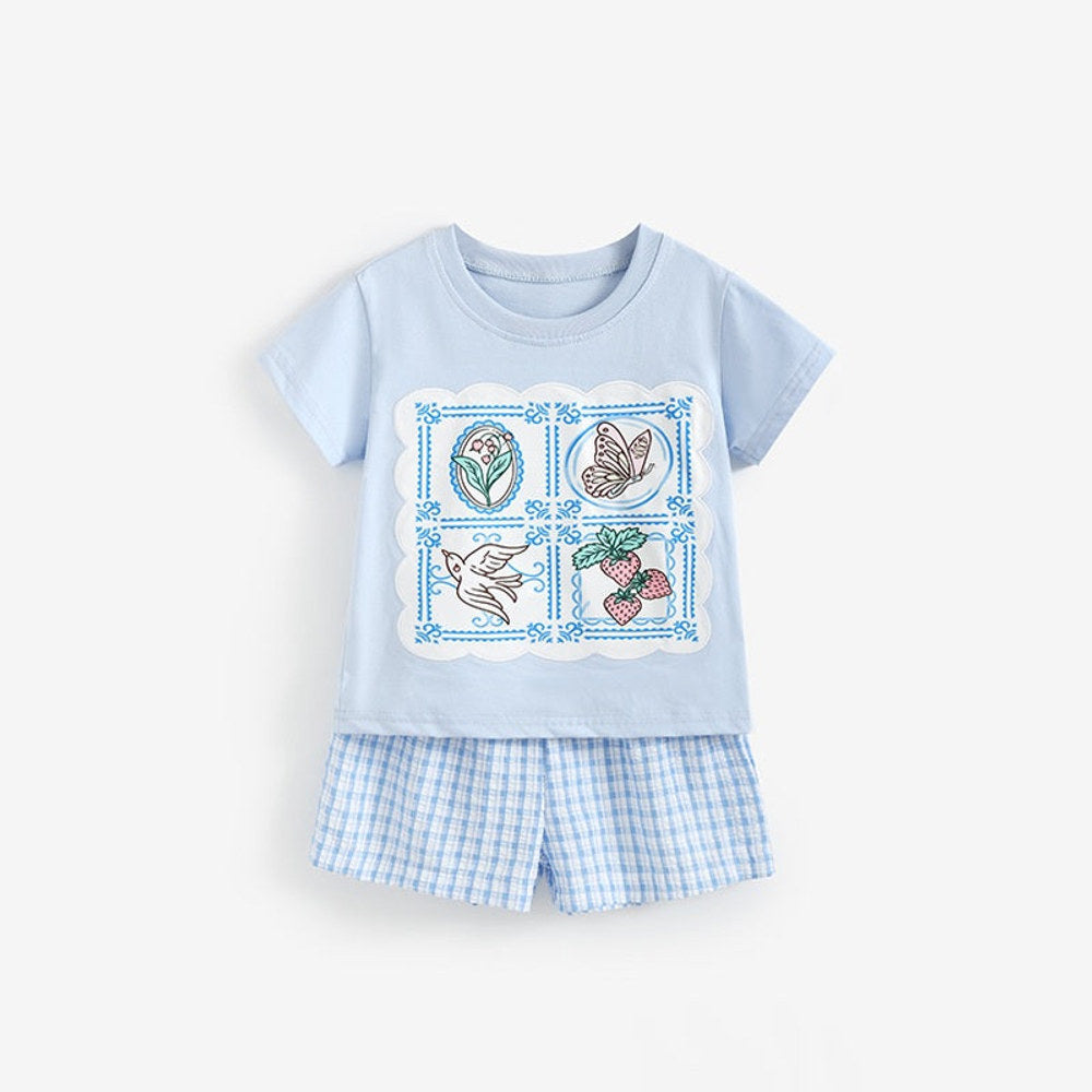MyKids-USA® Arrival Summer Baby Kids Girls Short Sleeves Flowers Cartoon Pattern T-shirt and Plaid Shorts Clothing Set