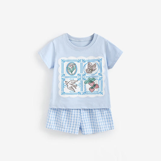 MyKids-USA® Arrival Summer Baby Kids Girls Short Sleeves Flowers Cartoon Pattern T-shirt and Plaid Shorts Clothing Set