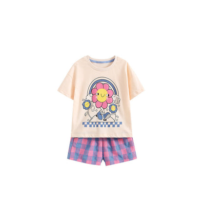 MyKids-USA® Arrival Summer Baby Kids Girls Short Sleeves Flowers Cartoon Pattern T-shirt and Plaid Shorts Clothing Set