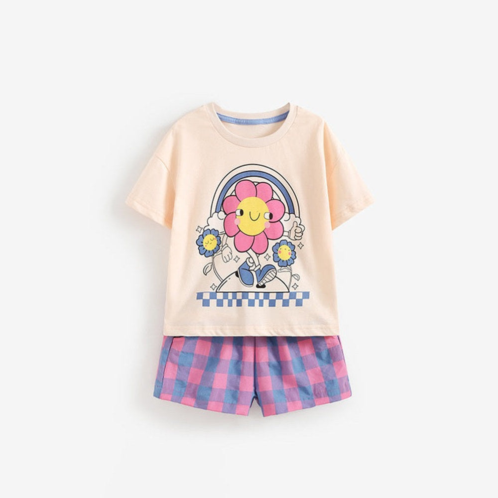 MyKids-USA® Arrival Summer Baby Kids Girls Short Sleeves Flowers Cartoon Pattern T-shirt and Plaid Shorts Clothing Set