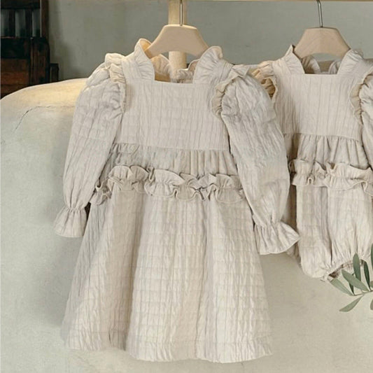 MyKids-USA® Autumn Waffle Grid Solid Color Baby Kids Girls Princess Dress
