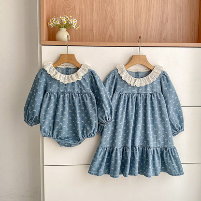 MyKids-USA® Autumn Baby Girls Denim Long-sleeved Onesies and Dress – Princess Sister Matching Set