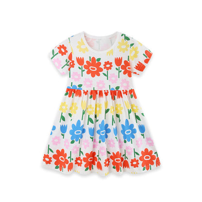 MyKids-USA® Summer Hot Selling Cute Flowers Pattern Short Sleeves Dress for Stylish Girls