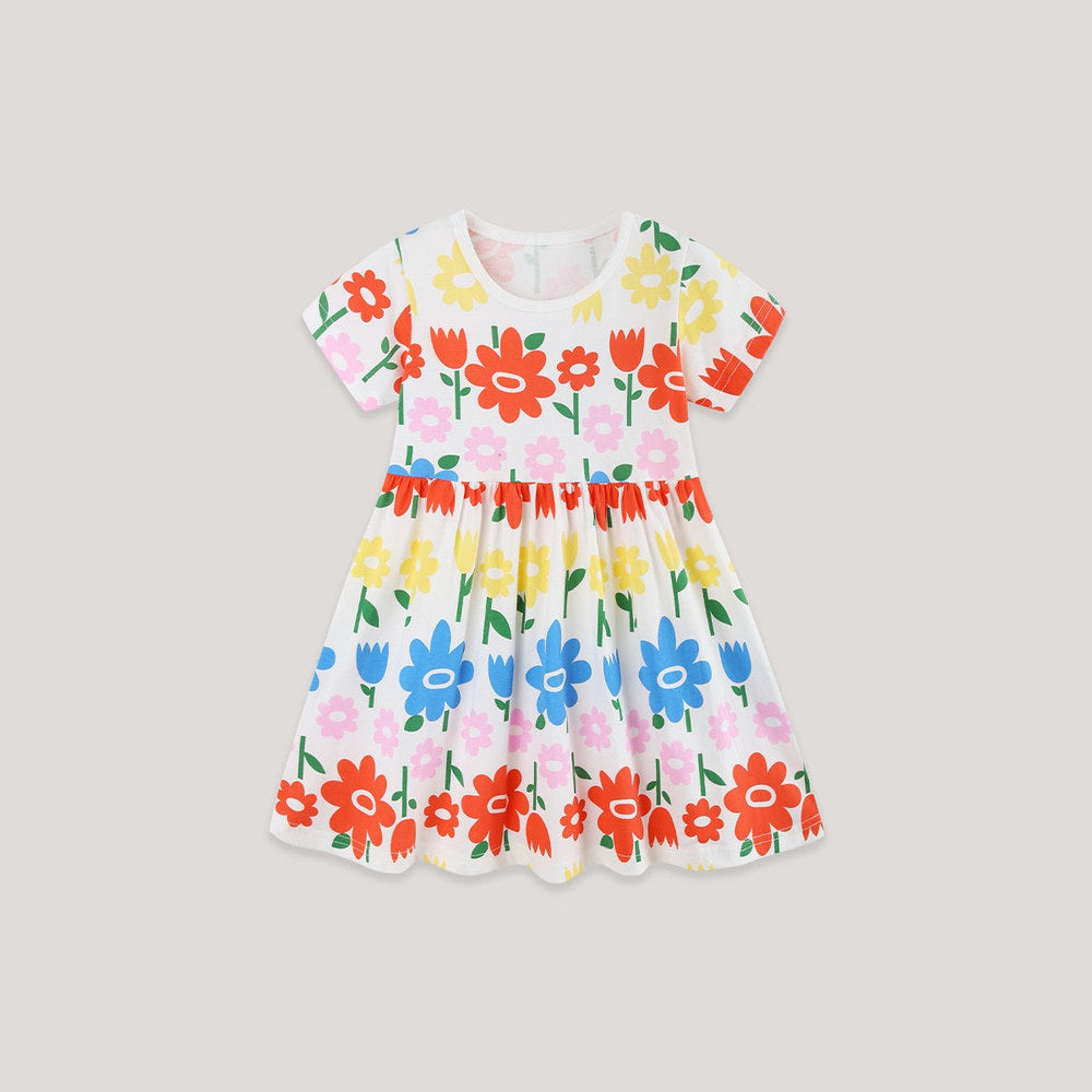 MyKids-USA® Summer Hot Selling Cute Flowers Pattern Short Sleeves Dress for Stylish Girls