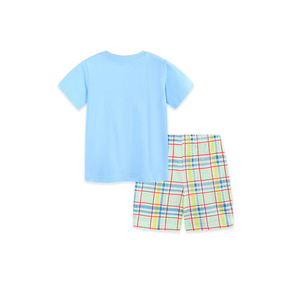 MyKids-USA® Arrival Summer Baby Kids Boys Short Sleeves Animals Cartoon Pattern T-shirt and Plaid Shorts Clothing Set