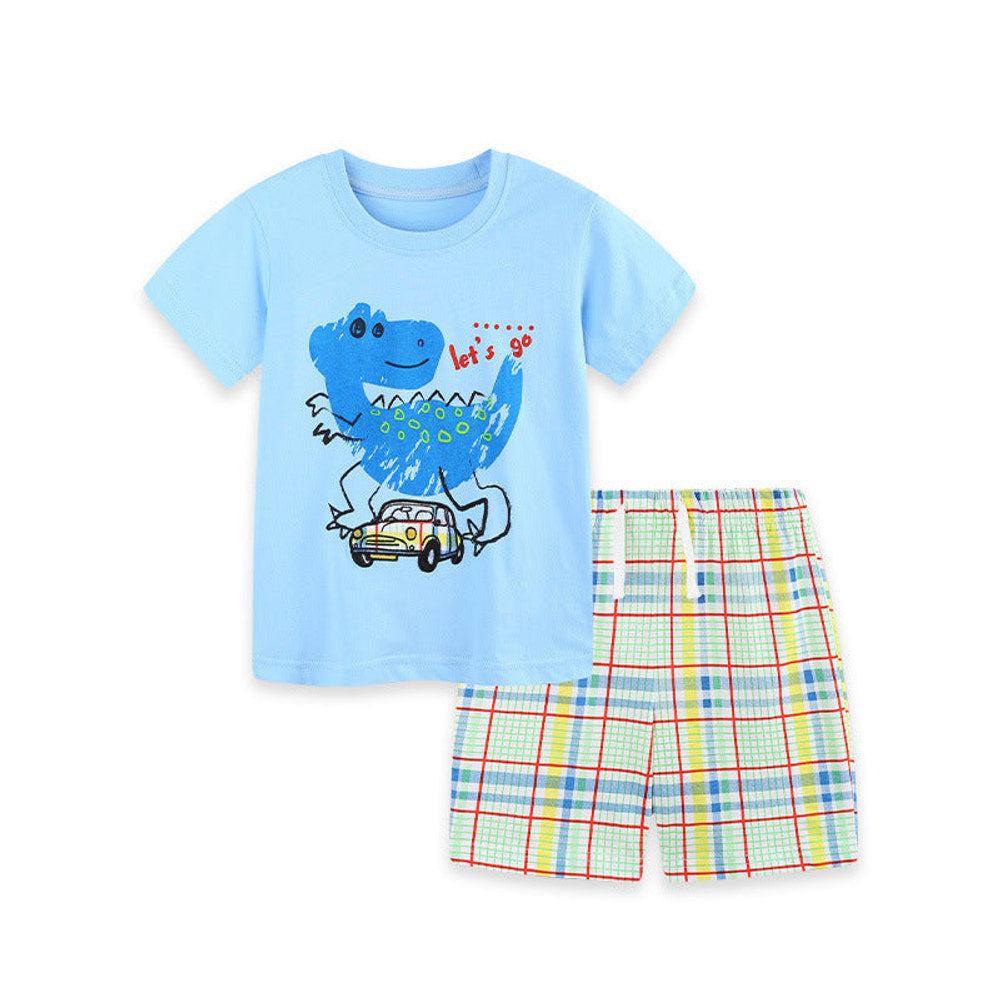 MyKids-USA® Arrival Summer Baby Kids Boys Short Sleeves Animals Cartoon Pattern T-shirt and Plaid Shorts Clothing Set