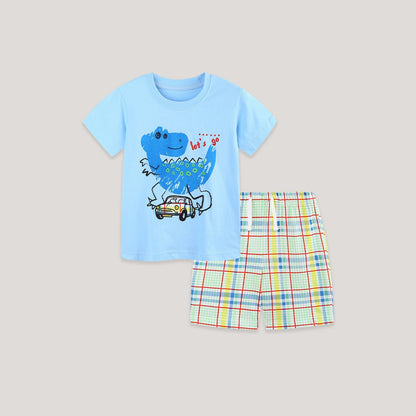MyKids-USA® Arrival Summer Baby Kids Boys Short Sleeves Animals Cartoon Pattern T-shirt and Plaid Shorts Clothing Set