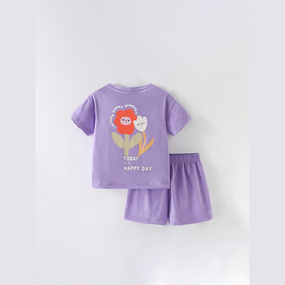 MyKids-USA® Arrival Summer Baby Kids Girls Short Sleeves Flowers Cartoon Pattern T-shirt and Purple Shorts Clothing Set