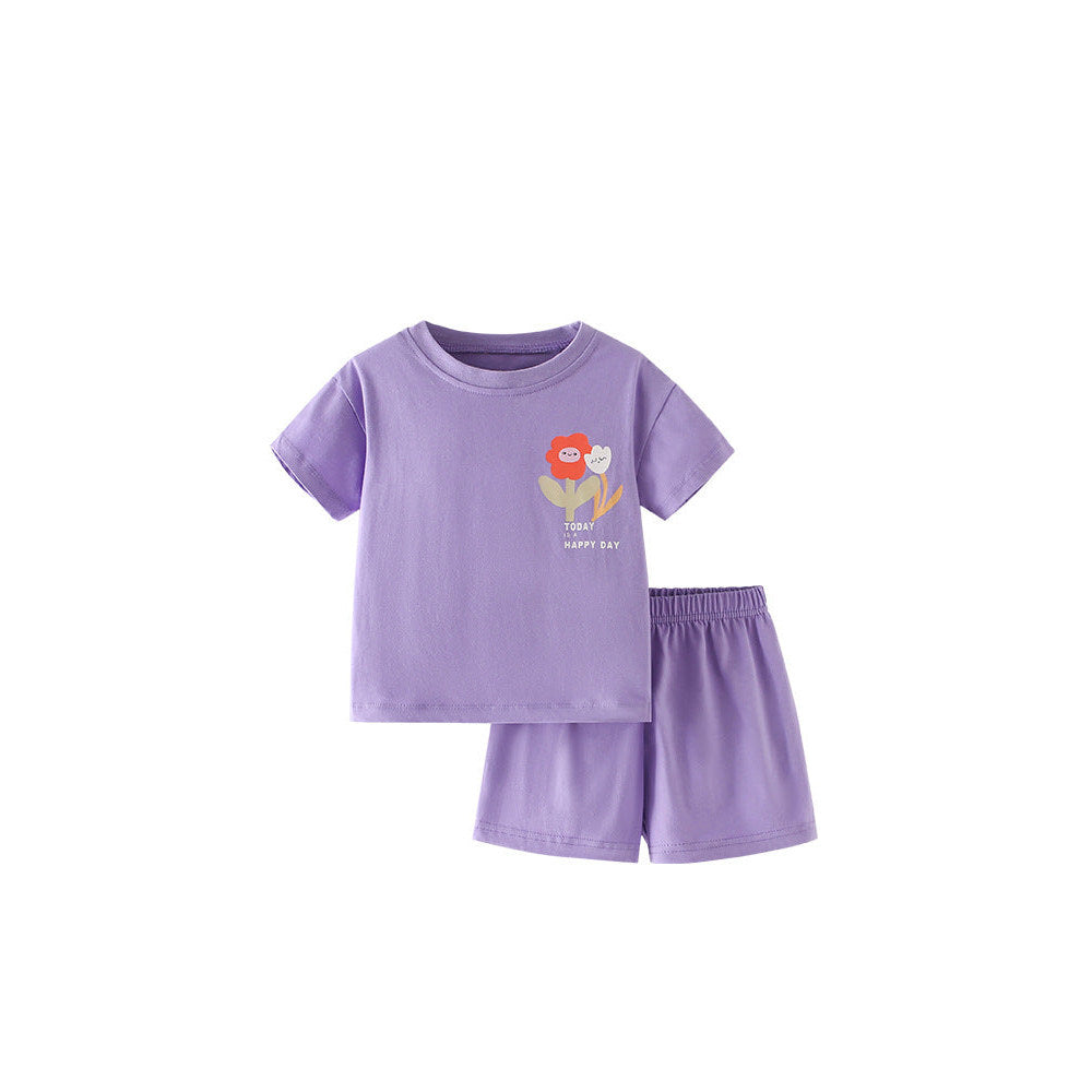 MyKids-USA® Arrival Summer Baby Kids Girls Short Sleeves Flowers Cartoon Pattern T-shirt and Purple Shorts Clothing Set