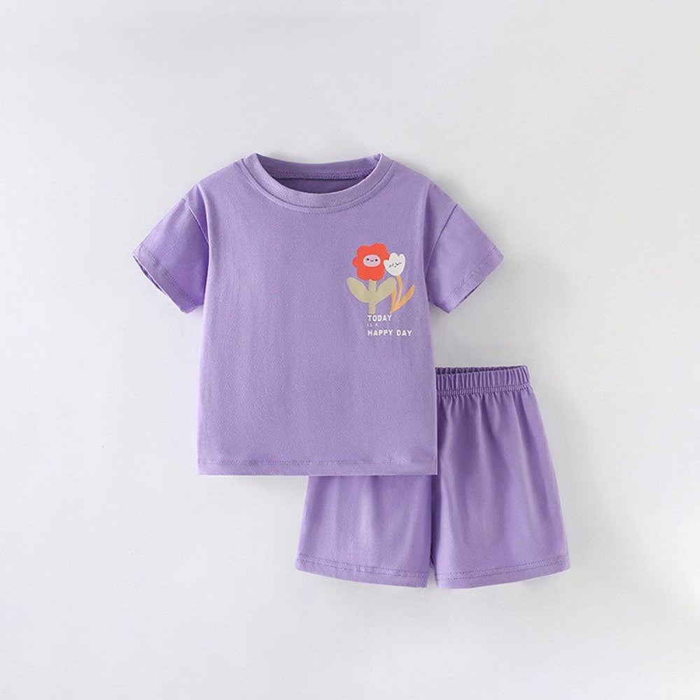 MyKids-USA® Arrival Summer Baby Kids Girls Short Sleeves Flowers Cartoon Pattern T-shirt and Purple Shorts Clothing Set