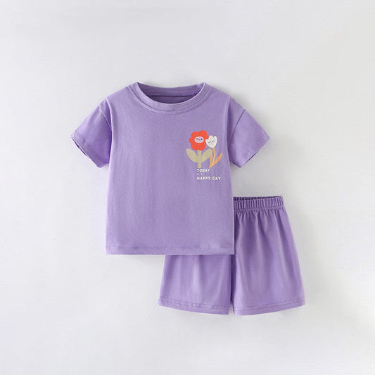 MyKids-USA® Arrival Summer Baby Kids Girls Short Sleeves Flowers Cartoon Pattern T-shirt and Purple Shorts Clothing Set