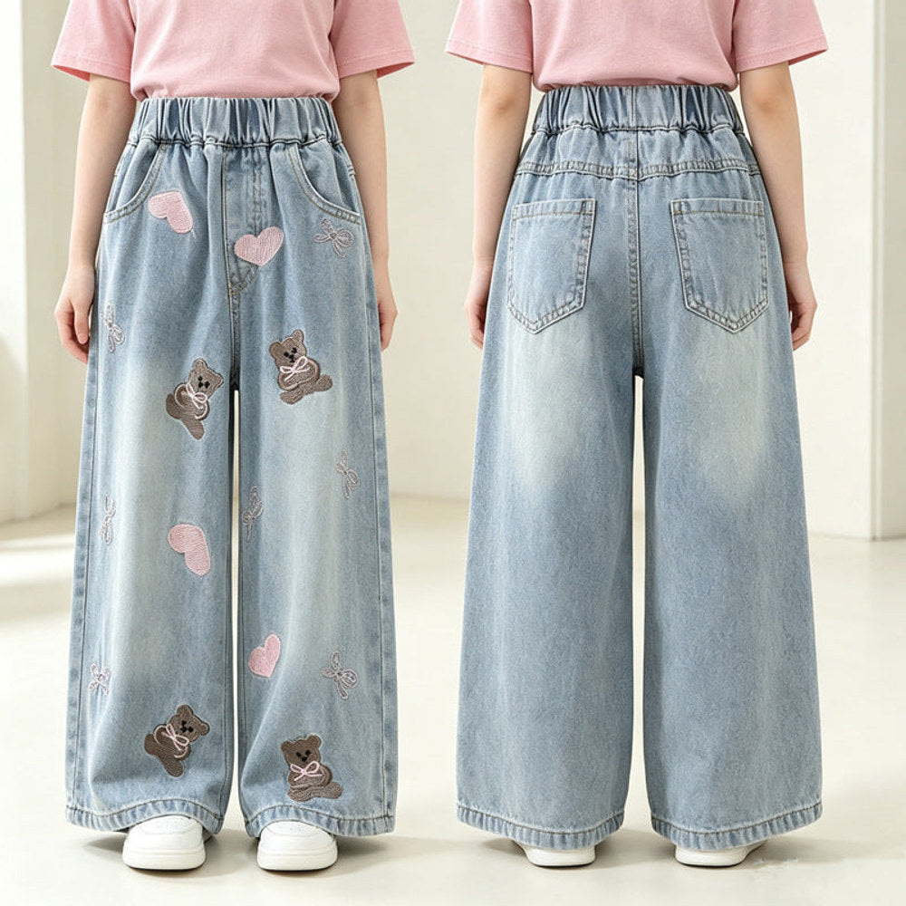 MyKids-USA® Arrival Autumn Girls Teddy Bear and Heart Pattern Jeans