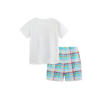 MyKids-USA® Arrival Summer Baby Kids Boys Short Sleeves Cartoon Pattern T-shirt and Plaid Shorts Clothing Set