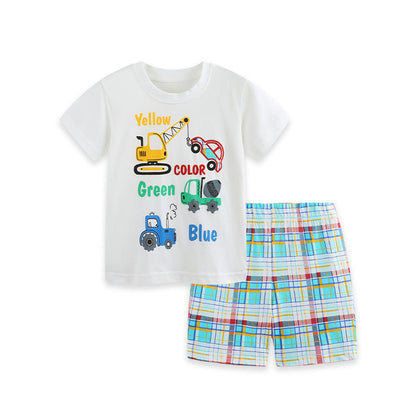 MyKids-USA® Arrival Summer Baby Kids Boys Short Sleeves Cartoon Pattern T-shirt and Plaid Shorts Clothing Set