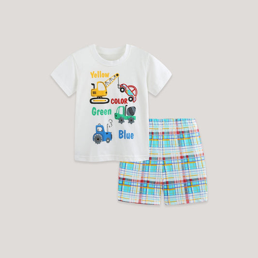 MyKids-USA® Arrival Summer Baby Kids Boys Short Sleeves Cartoon Pattern T-shirt and Plaid Shorts Clothing Set