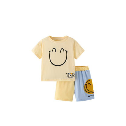 MyKids-USA® Arrival Summer Baby Kids Boys Short Sleeves Cartoon T-shirt and Color Patchwork Shorts Clothing Set