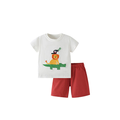 MyKids-USA® Arrival Summer Baby Kids Boys Short Sleeves Cartoon T-shirt and Plain Shorts Clothing Set