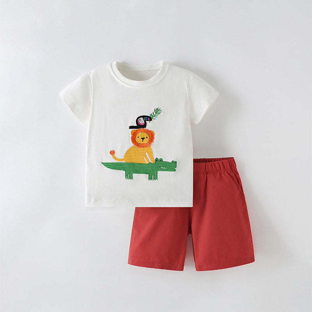 MyKids-USA® Arrival Summer Baby Kids Boys Short Sleeves Cartoon T-shirt and Plain Shorts Clothing Set