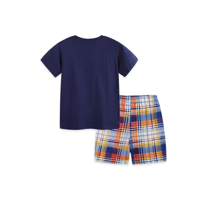 MyKids-USA® Arrival Summer Baby Kids Boys Short Sleeves Cartoon Pattern T-shirt and Plaid Shorts Clothing Set
