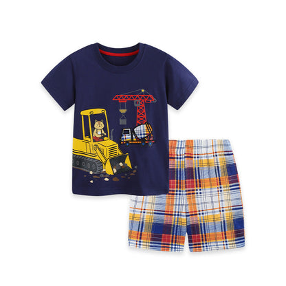 MyKids-USA® Arrival Summer Baby Kids Boys Short Sleeves Cartoon Pattern T-shirt and Plaid Shorts Clothing Set