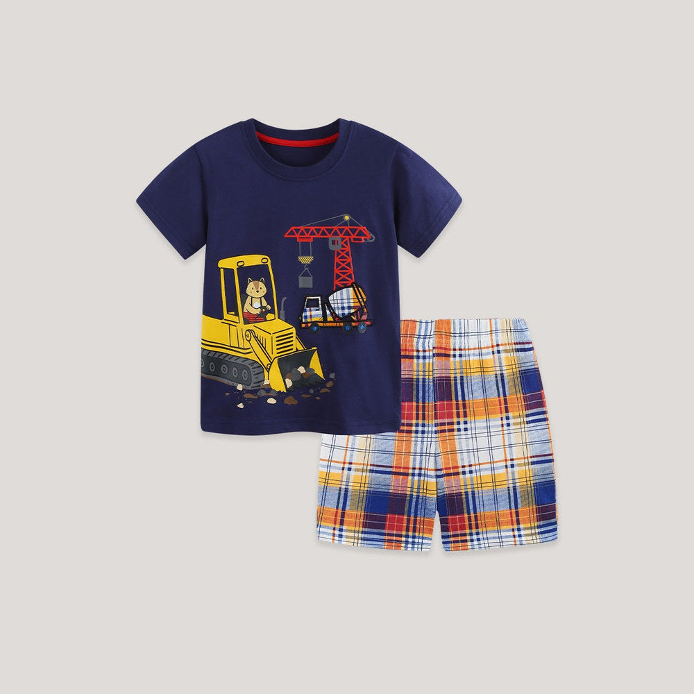 MyKids-USA® Arrival Summer Baby Kids Boys Short Sleeves Cartoon Pattern T-shirt and Plaid Shorts Clothing Set