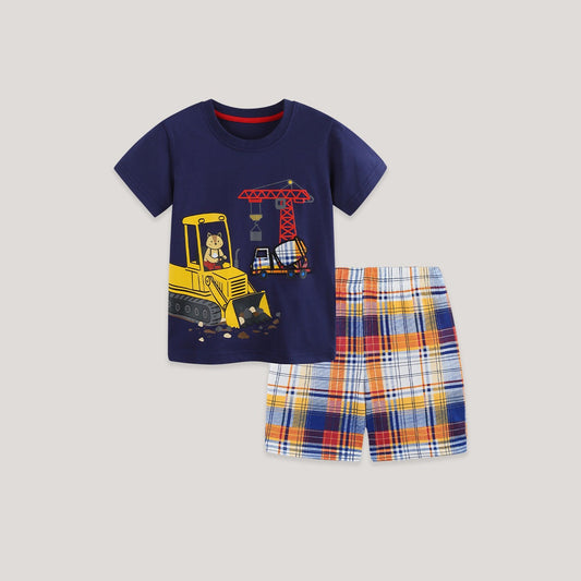 MyKids-USA® Baby Kids Boys Short Sleeves Cartoon Pattern T-shirt and Plaid Shorts Clothing Set