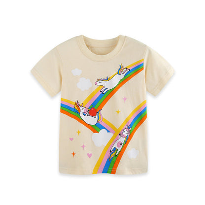 MyKids-USA® Summer Arrival Girls’ Unicorn Cartoon Pattern Short Sleeves T-shirt