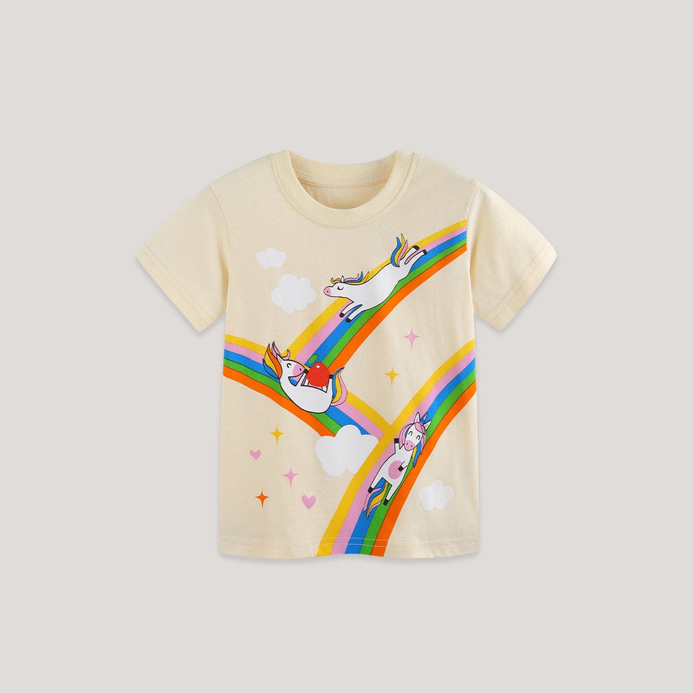 MyKids-USA® Summer Arrival Girls’ Unicorn Cartoon Pattern Short Sleeves T-shirt