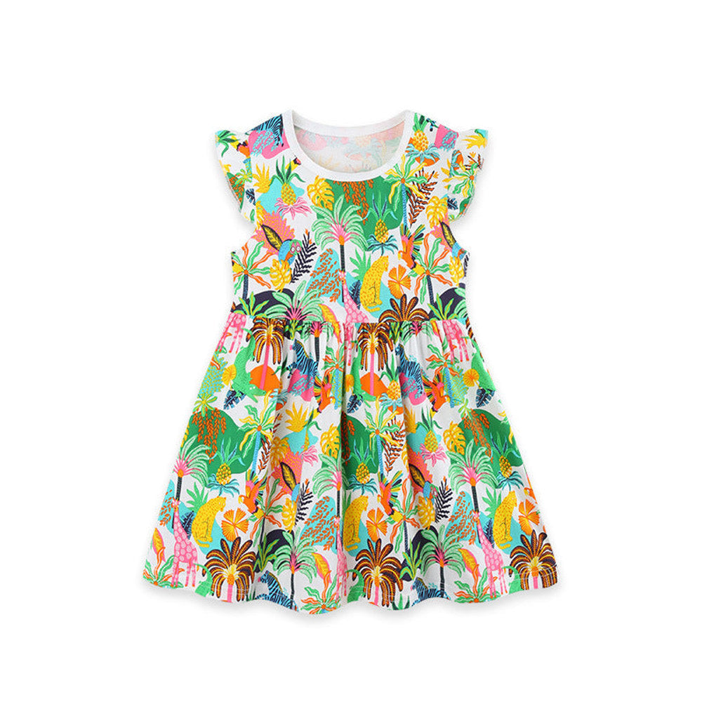MyKids-USA® Summer Hot Selling Jungle Cartoon Pattern Fly Sleeves Dress for Stylish Girls