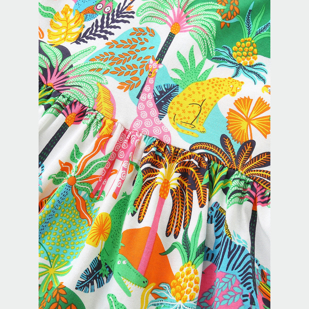 MyKids-USA® Summer Hot Selling Jungle Cartoon Pattern Fly Sleeves Dress for Stylish Girls