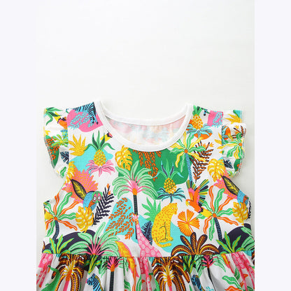 MyKids-USA® Summer Hot Selling Jungle Cartoon Pattern Fly Sleeves Dress for Stylish Girls