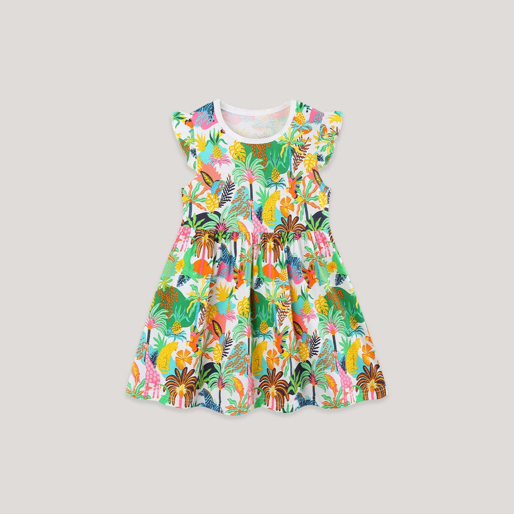 MyKids-USA® Summer Hot Selling Jungle Cartoon Pattern Fly Sleeves Dress for Stylish Girls