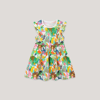 MyKids-USA® Summer Hot Selling Jungle Cartoon Pattern Fly Sleeves Dress for Stylish Girls