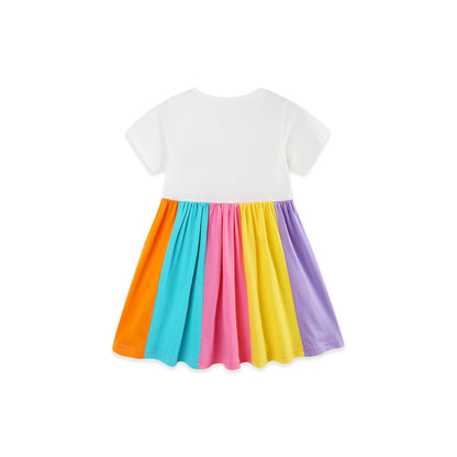 MyKids-USA® Summer Hot Selling Rainbow Pattern Short Sleeves Color Patchwork Dress for Stylish Girls