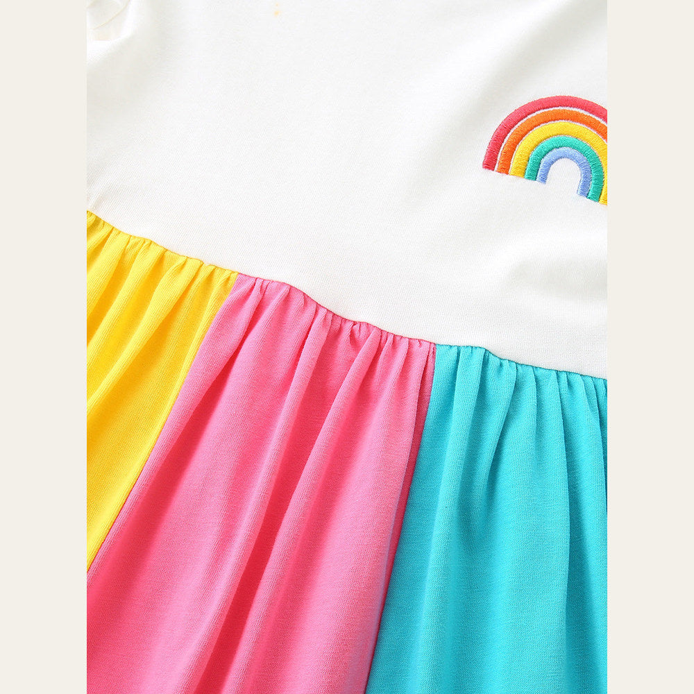 MyKids-USA® Summer Hot Selling Rainbow Pattern Short Sleeves Color Patchwork Dress for Stylish Girls