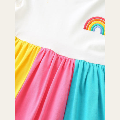 MyKids-USA® Summer Hot Selling Rainbow Pattern Short Sleeves Color Patchwork Dress for Stylish Girls