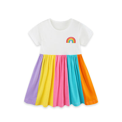 MyKids-USA® Summer Hot Selling Rainbow Pattern Short Sleeves Color Patchwork Dress for Stylish Girls