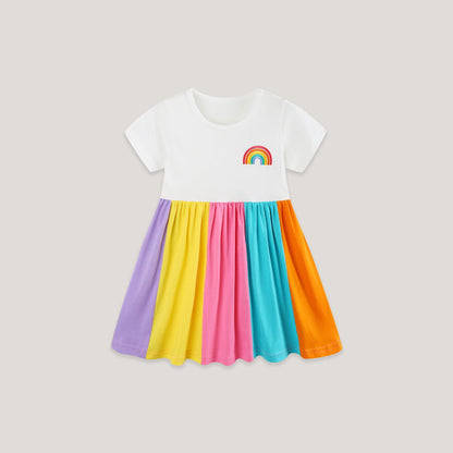 MyKids-USA® Summer Hot Selling Rainbow Pattern Short Sleeves Color Patchwork Dress for Stylish Girls
