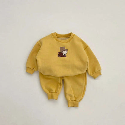 MyKids-USA® Spring and Autumn Baby Kids Unisex Long Sleeves Teddy Bear Pattern Pullover and Plain Pants Clothing Set