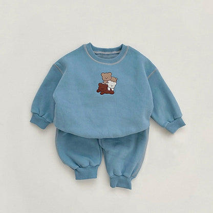 MyKids-USA® Spring and Autumn Baby Kids Unisex Long Sleeves Teddy Bear Pattern Pullover and Plain Pants Clothing Set