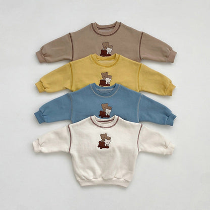 MyKids-USA® Spring and Autumn Baby Kids Unisex Long Sleeves Teddy Bear Pattern Pullover and Plain Pants Clothing Set