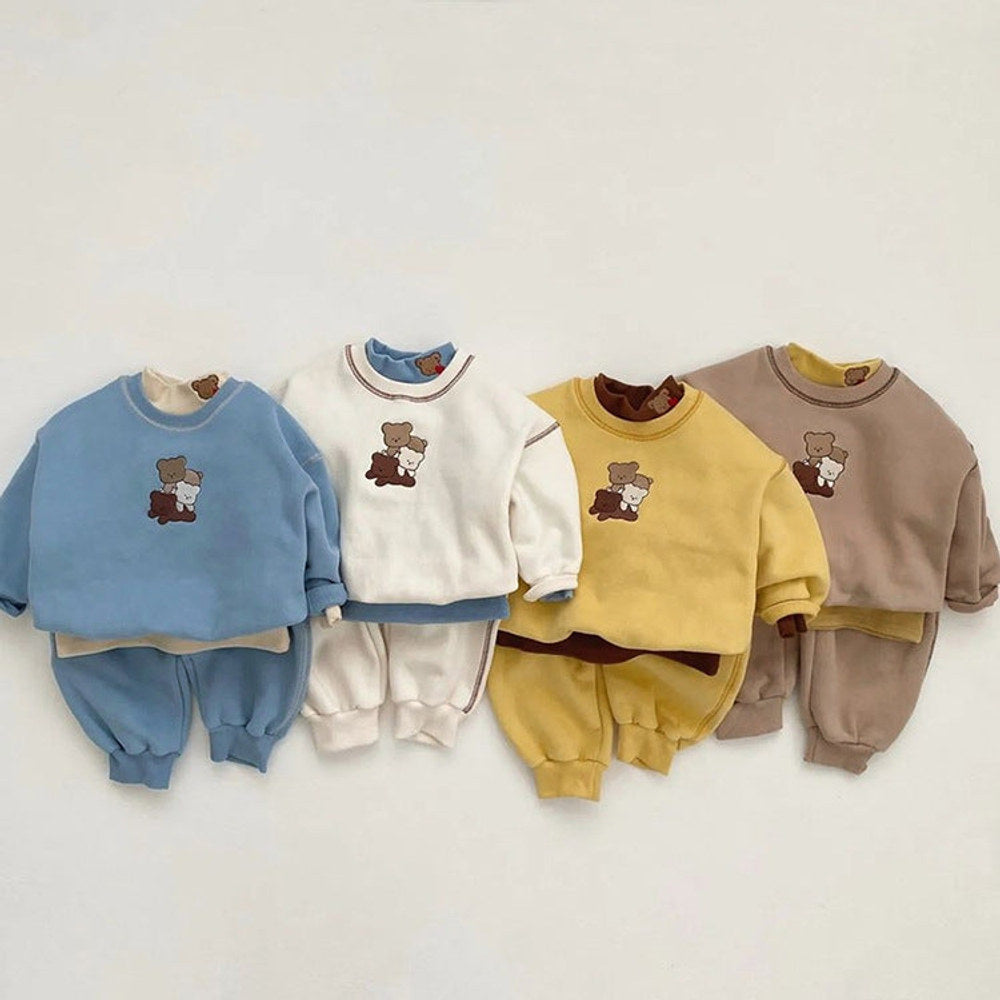 MyKids-USA® Spring and Autumn Baby Kids Unisex Long Sleeves Teddy Bear Pattern Pullover and Plain Pants Clothing Set